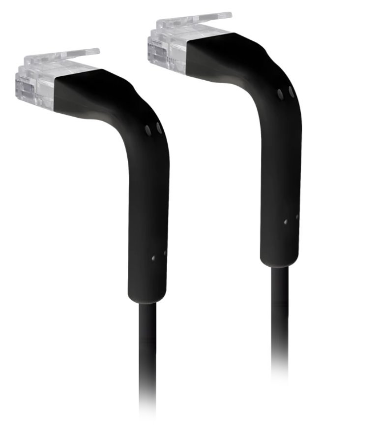 Black 1M Unifi patch cable with flexible ends that bend to 90 degrees, featuring transparent connectors at both ends for easy connectivity.