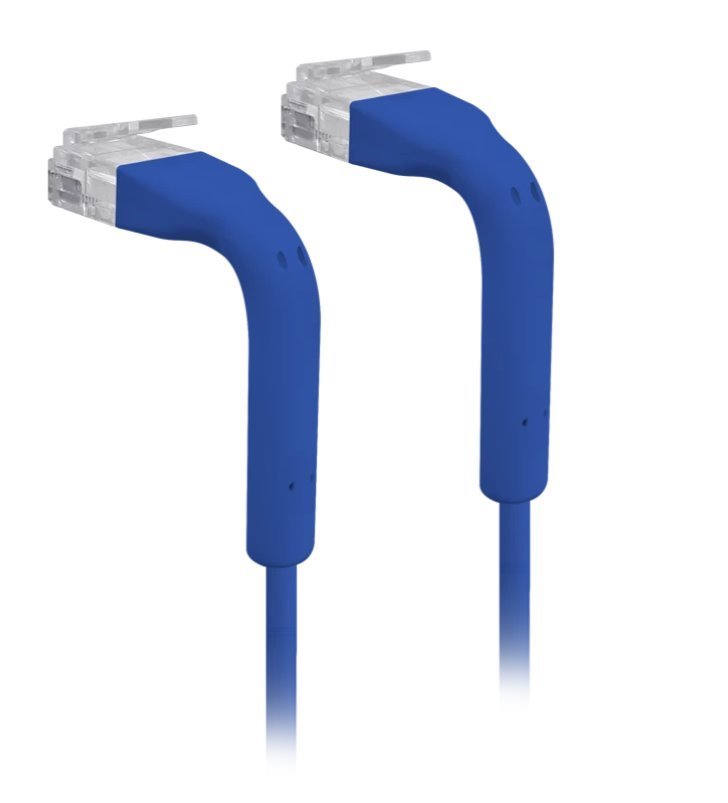 Bendable 1M blue RJ45 Ethernet patch cable with clear connectors at both ends, designed for flexible connectivity.