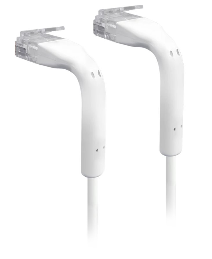 White Ubiquiti Unifi Ethernet cable, 5 meters long, featuring two angled RJ45 connectors with transparent plastic ends for easy connectivity.