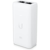 White Ubiquiti U-POE-AF PoE adapter with two Ethernet ports and Ubiquiti logo on the front.