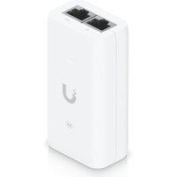 White Ubiquiti U-POE adapter with dual Ethernet ports and Ubiquiti logo on the front.