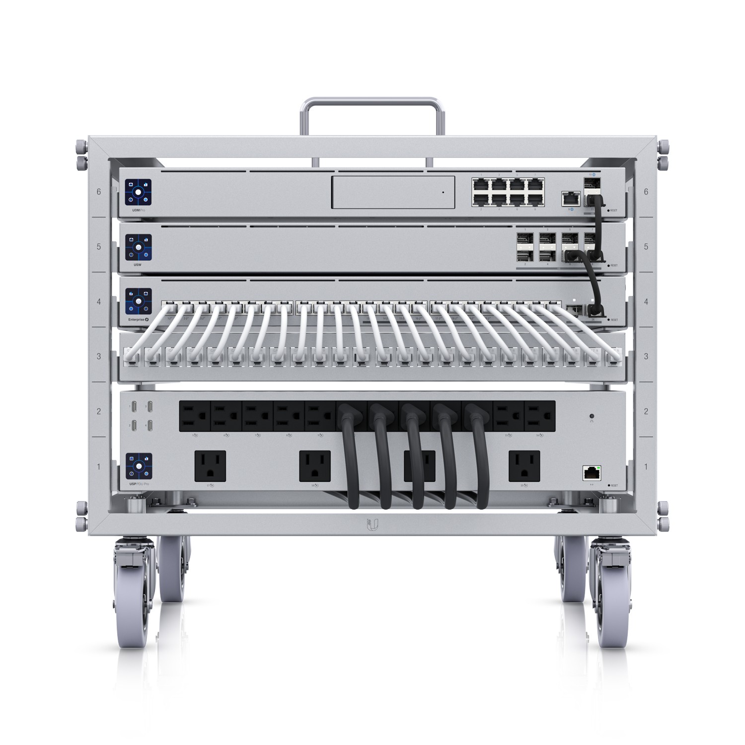 Ubiquiti U-Rack-6U-TL Rack Base in silver metal, featuring multiple slots for equipment, power outlets, and a sturdy handle, mounted on wheels for mobility.