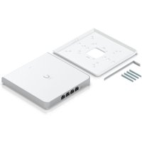 White Ubiquiti U6 Enterprise router with square design, four Ethernet ports, and mounting bracket with screws.