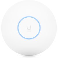 White Ubiquiti U6-PRO wireless access point with blue LED ring, circular design, supports Power over Ethernet (PoE).