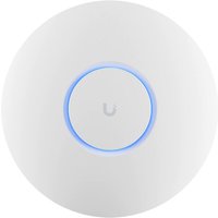 White Ubiquiti U6+ wireless access point with circular design and blue LED ring, supports PoE.