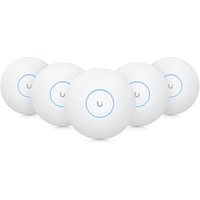White Ubiquiti U7 Pro wireless access point, round design with blue LED ring, shown in a set of five units.