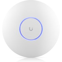 White Ubiquiti U7 Pro wireless access point with circular design, blue LED ring, and PoE capability.