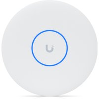 White Ubiquiti U7 Pro XG wireless access point with blue LED ring and PoE support.