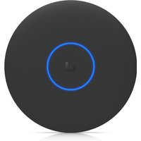 Black Ubiquiti ceiling-mounted access point with blue LED ring, circular design, WiFi 7, 8 stream capability.