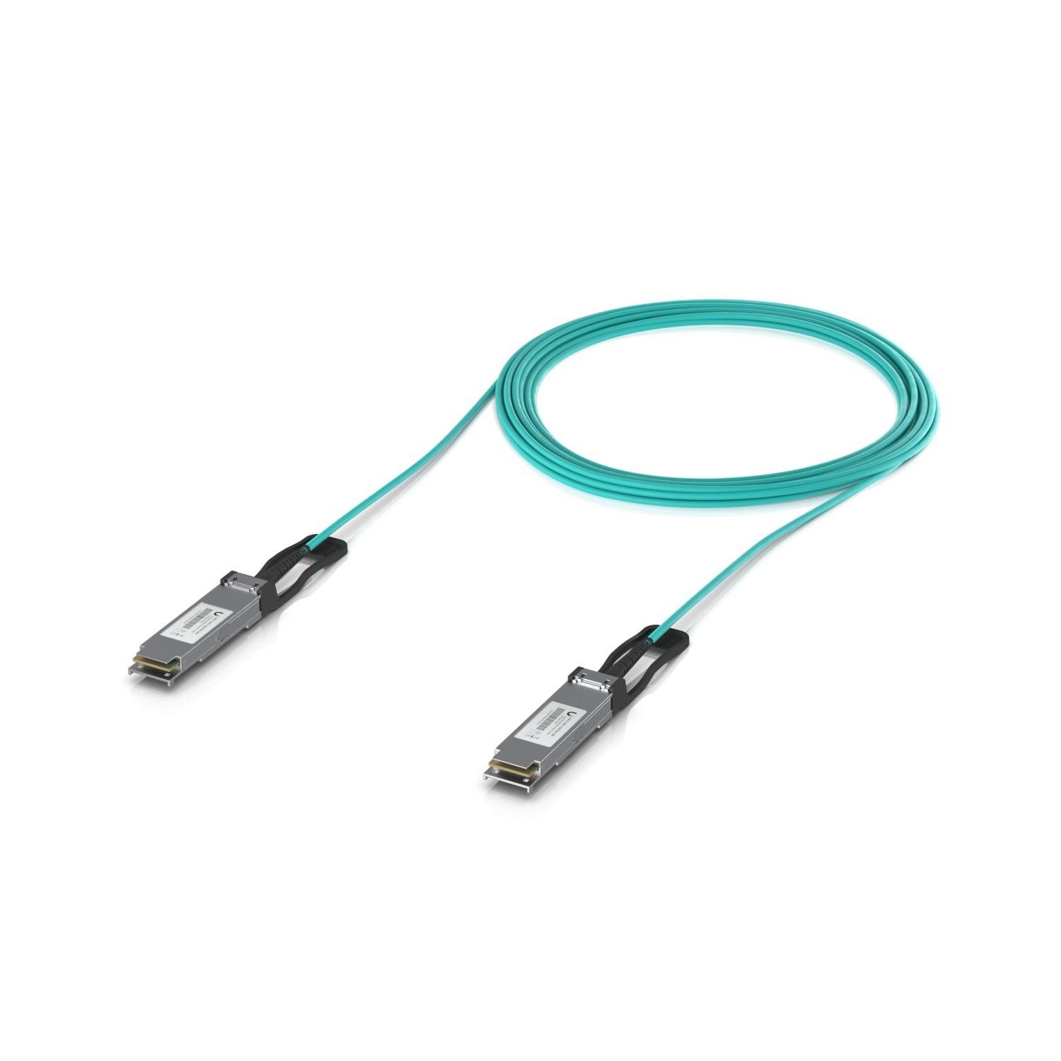 Aqua-colored Ubiquiti InfiniBand/fibre optic cable, 10 meters long, featuring two QSFP28 connectors with metallic housing on each end.