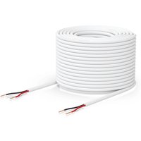 White coiled Ubiquiti cable with exposed red, black, and white wires for door lock relay applications.