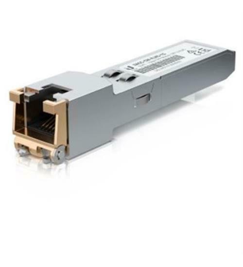 Ubiquiti SFP transceiver module in silver metal with an RJ45 connector, featuring a gold-plated interface and labeled with technical specifications on the side.