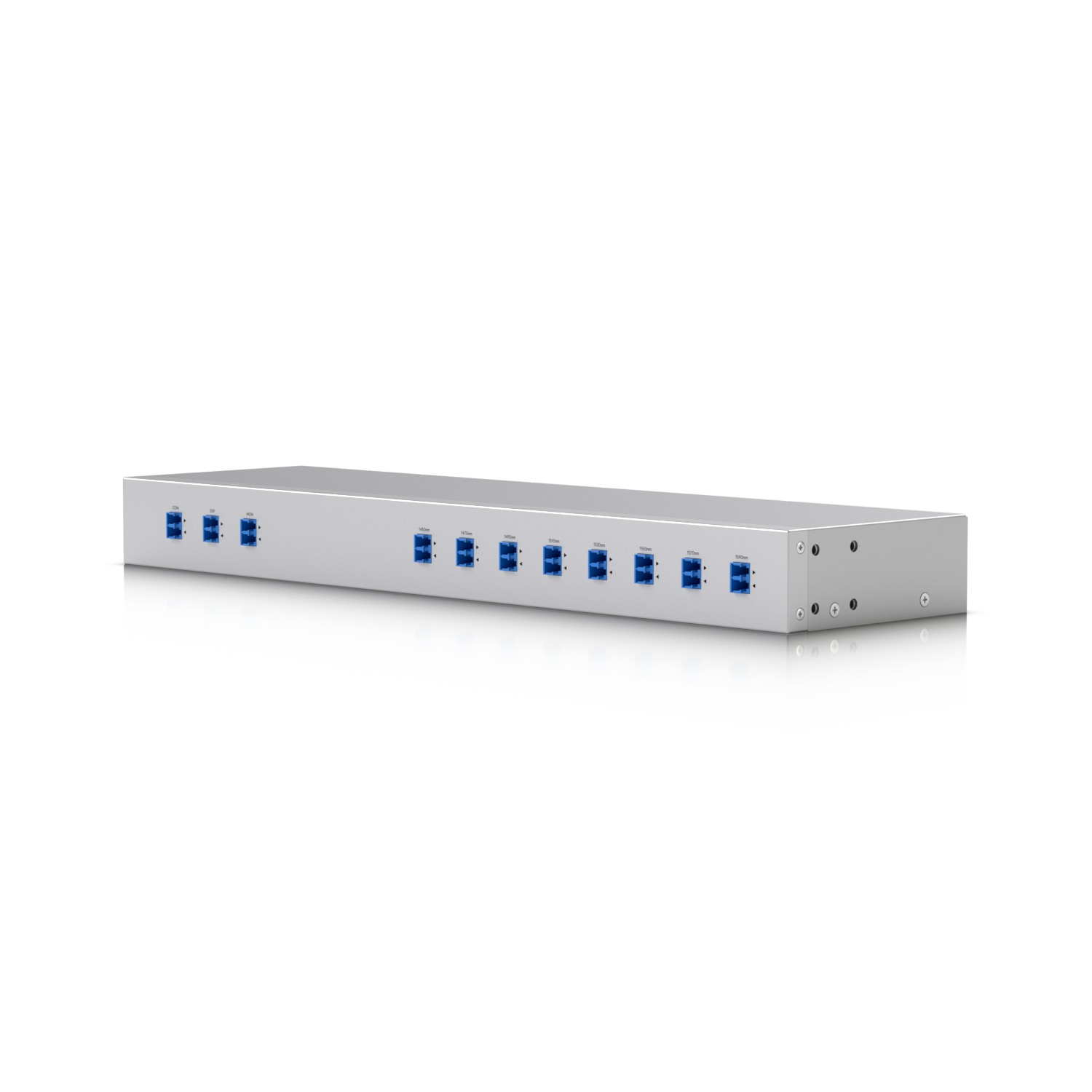 Sleek silver wave division multiplexer with eight blue optical ports, designed for efficient fiber optic signal management.