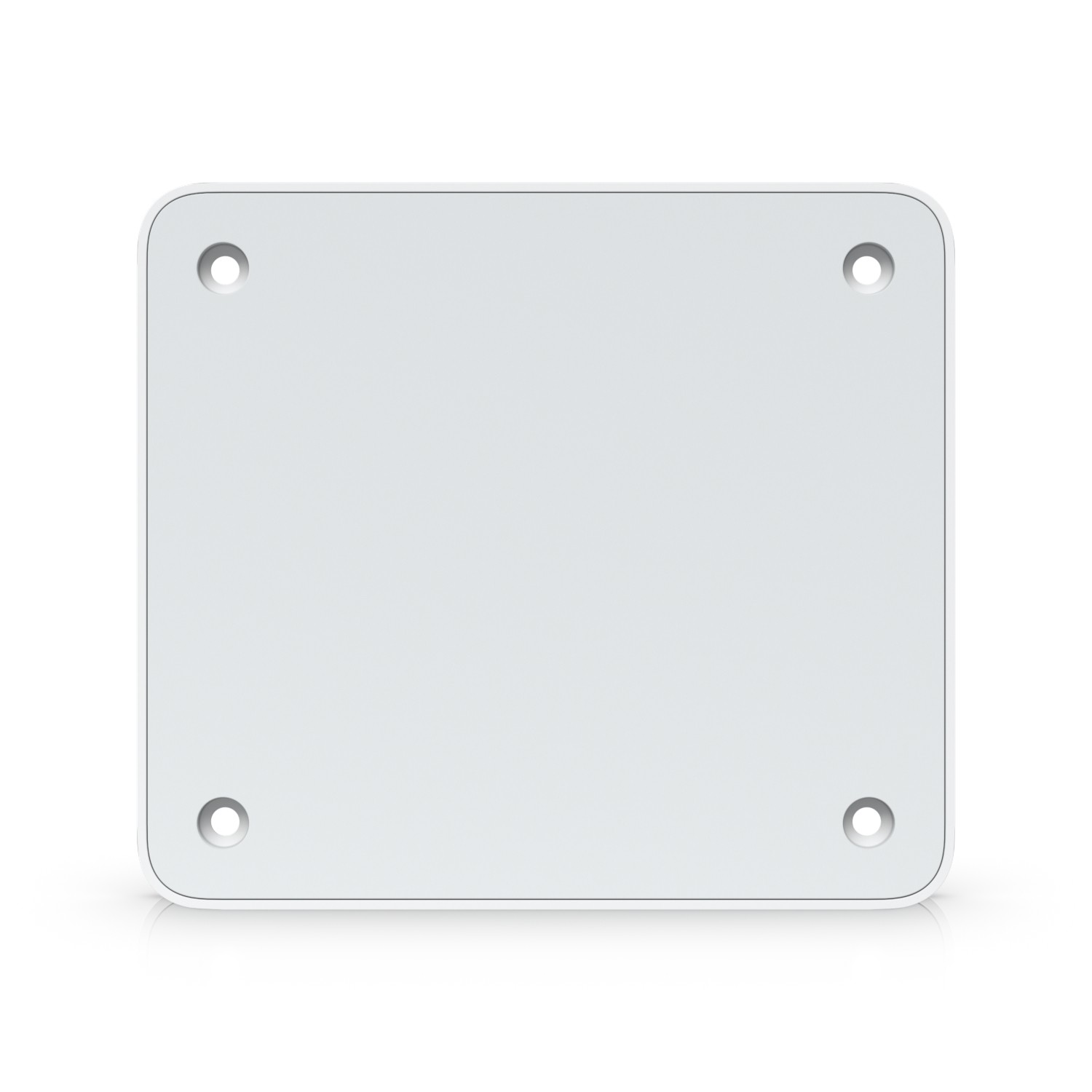 Square white metal mounting plate with rounded corners and four mounting holes, designed for secure attachment of Ubiquiti devices.