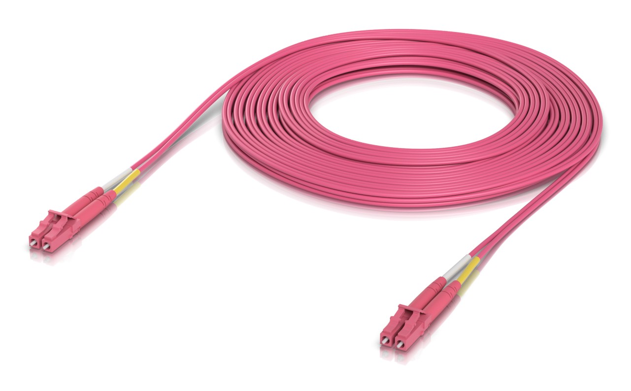 Pink Ubiquiti InfiniBand/fibre optic cable, 10 meters long, featuring two LC connectors at each end with yellow and gray accents.