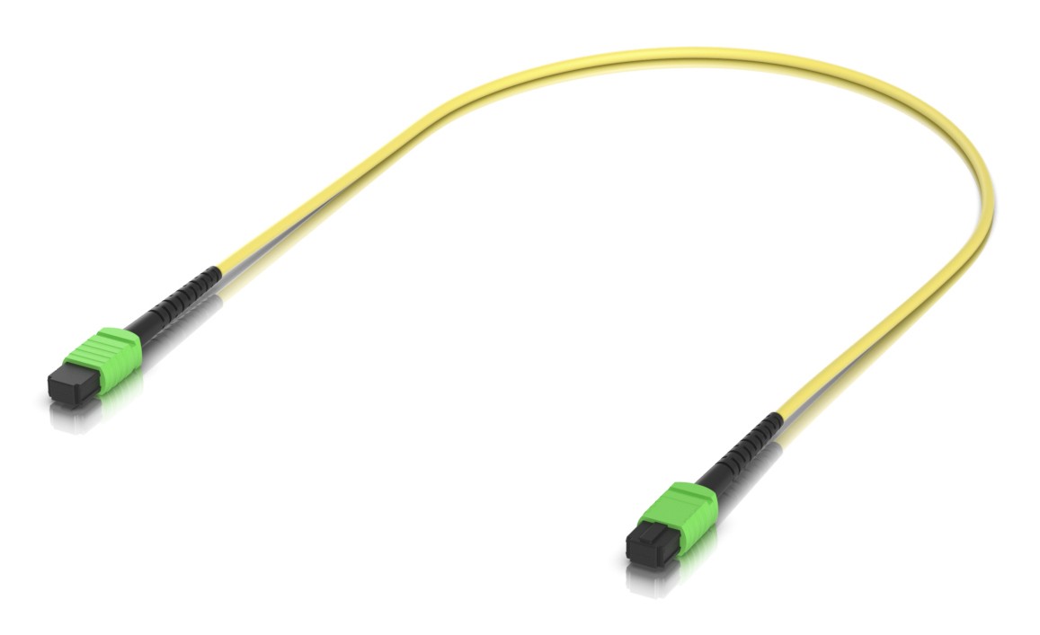 Yellow fiber patch cable with two green MPO connectors on each end, designed for high-speed data transmission.
