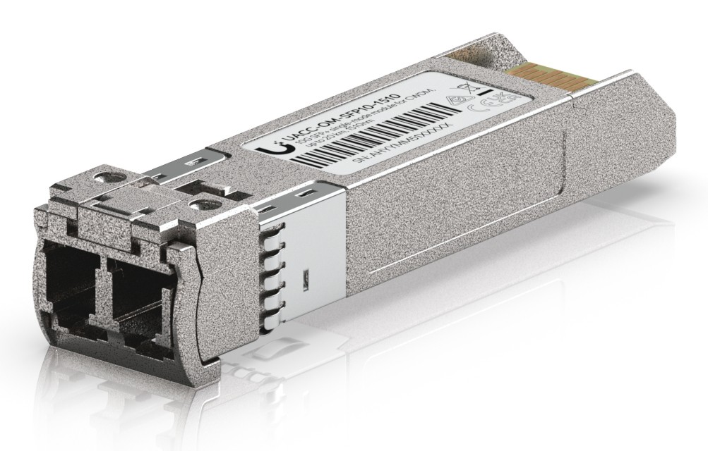 Silver metal network transceiver module with dual LC connectors, labeled UACC-OM-SFP10-1510, designed for fiber optic connections, featuring a sleek, compact design.