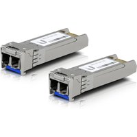Silver Ubiquiti network transceiver module, compact design with dual ports and blue accents, set of two.