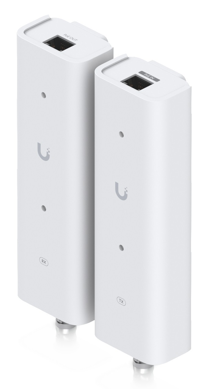 Two white Ubiquiti UACC-Retrofit-PoE-2Wire network transmitters and receivers, featuring a sleek design with Ethernet ports labeled TX and RX.