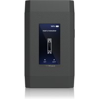 Black Ubiquiti diagnostics device with textured sides, central screen displaying status, and top battery indicator.