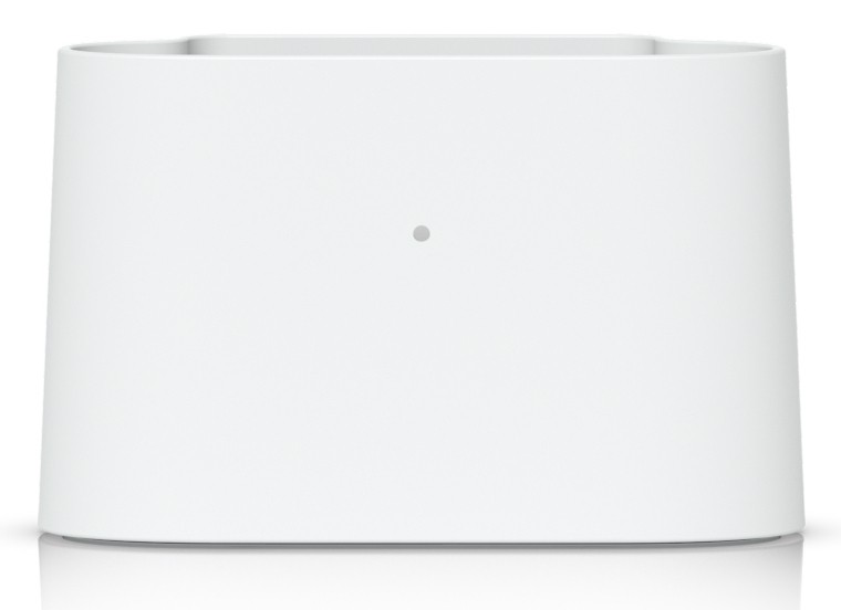 White, sleek table stand with a minimalist design, featuring a small circular hole at the front, made of durable plastic for holding Ubiquiti devices securely.