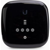 Black Ubiquiti UF-WIFI wireless router with glossy finish, LED indicators, and Gigabit Ethernet ports.