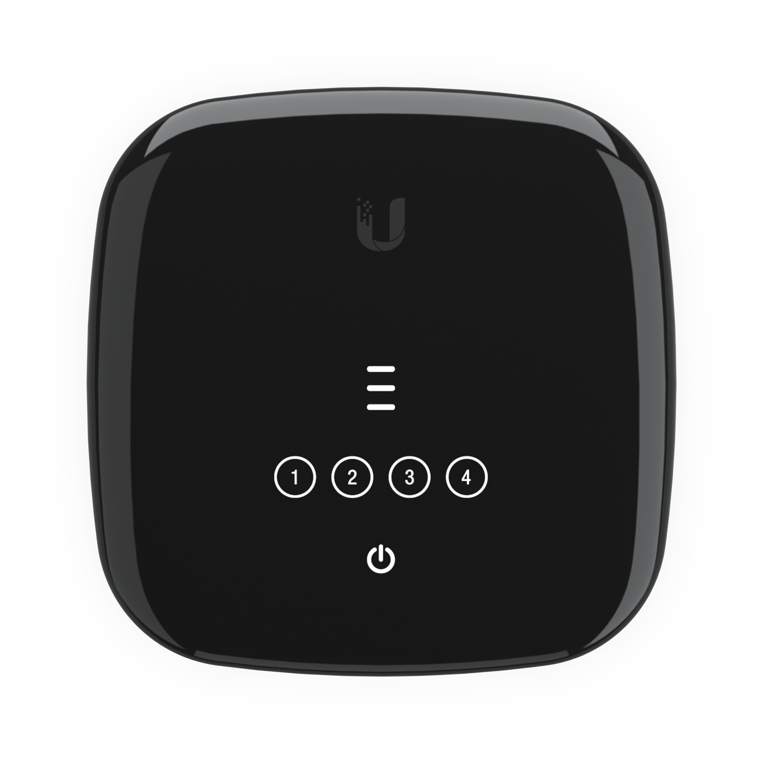 Black Ubiquiti UFiber WiFi6 GPON CPE Optical Network Unit (ONU) featuring a smooth surface, four LED indicator lights, and a power button at the bottom.