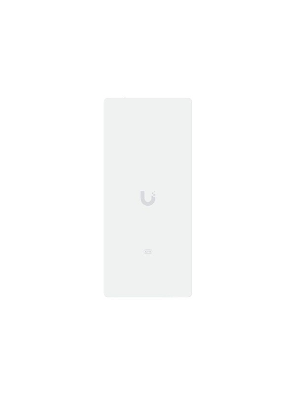 White Ubiquiti UISP UACC-ADAPTER-PT-120W power adapter with a sleek design, featuring the Ubiquiti logo centered on the front, suitable for indoor use.