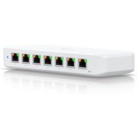 White Ubiquiti Ultra 210W Ethernet switch with eight ports and LED indicators on the front panel.