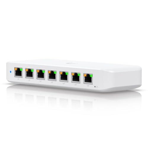 White Ubiquiti 60W Unifi Switch featuring eight Ethernet ports with colorful LED indicators, a sleek, minimalist design, and a compact, rectangular shape.
