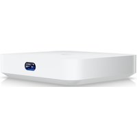 White Ubiquiti ULTRA gateway/controller with rounded edges and blue LED indicator, UK power supply compatible.