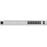 Silver Ubiquiti UniFi 16-Port PoE Managed Gigabit Ethernet switch with front-facing ports and sleek 1U design