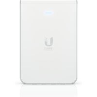 White Ubiquiti Unifi 6 In-Wall device with PoE, sleek rectangular design, Ubiquiti logo, and subtle LED indicator.