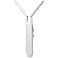 White Ubiquiti Unifi AC Mesh router with dual antennas, sleek vertical design, and Power over Ethernet capability.