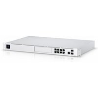 White Ubiquiti UniFi Dream Machine Pro with multiple Ethernet ports and sleek rectangular design.