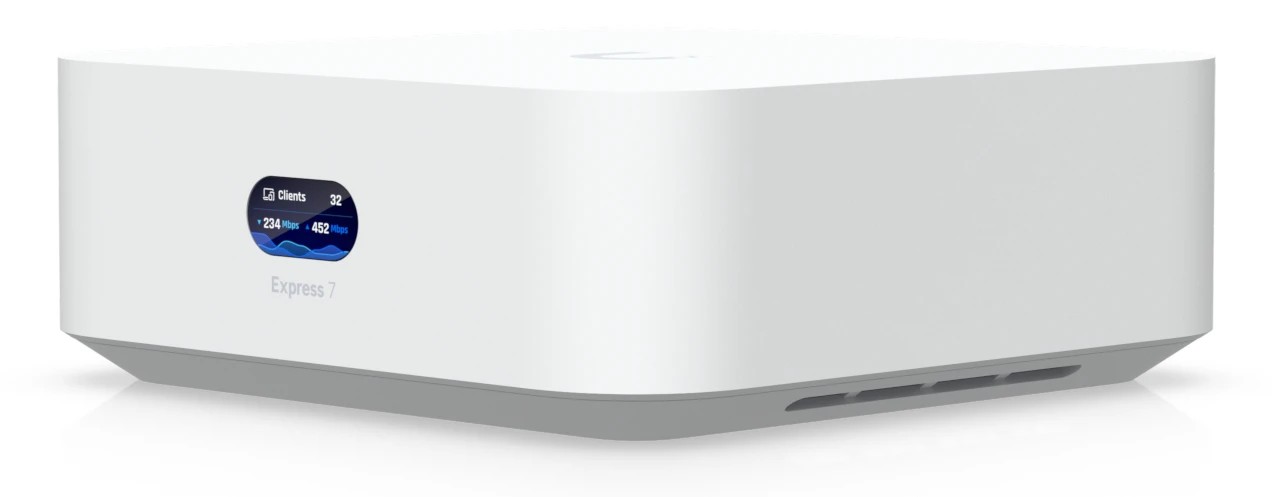 White Ubiquiti UniFi Express 7 Gateway/controller with a sleek design, featuring a digital display showing client information and network status, and ventilation grilles on the side.