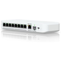 White Ubiquiti UniFi Flex 2.5G Ethernet switch with eight ports and LED indicators on a sleek rectangular design.