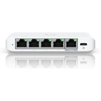 White Ubiquiti UniFi Flex Mini 2.5G Ethernet switch with five ports and LED indicators.
