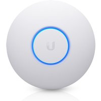 White Ubiquiti UniFi nanoHD access point with circular blue LED ring and central logo.