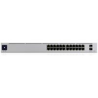 Ubiquiti UniFi silver 24-port PoE managed gigabit switch with LED indicator and rack-mount design.