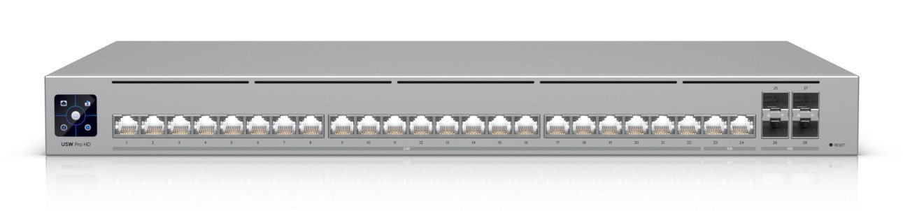 Ubiquiti UniFi Pro HD 24 is a sleek silver managed switch featuring 24 Ethernet ports, a control panel on the left, and two additional ports on the right for 2.5G connectivity.