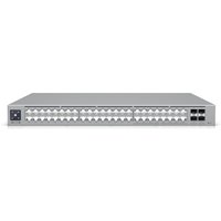 Ubiquiti UniFi Pro Max 48-port PoE switch, silver with LED indicators and multiple Ethernet ports on front panel.