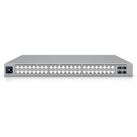 Grey Ubiquiti UniFi Pro XG 48-port managed Ethernet switch, 1U rackmount, front panel with LED display and ports.