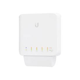 White managed layer 2 gigabit switch with a sleek design, featuring four Ethernet ports, LED indicators, and the Ubiquiti logo on the front.