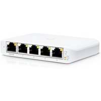 White Ubiquiti UniFi Switch Flex Mini with five Ethernet ports and LED indicators, compact rectangular design.
