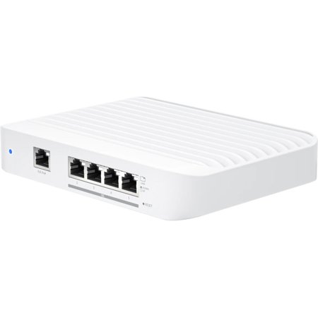 White Ubiquiti UniFi Switch Flex XG with a sleek design, featuring multiple Ethernet ports, a power input, and a blue LED indicator on the side.