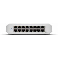 White Ubiquiti UniFi Switch Lite 16 PoE with 16 Ethernet ports and LED indicators on a sleek rectangular design.