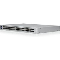 Ubiquiti UniFi USW-48-POE switch, stainless steel, 48 Ethernet ports, 1U rack-mountable, PoE capability.