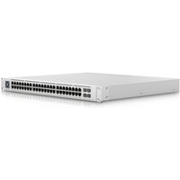 White Ubiquiti UniFi network switch with 48 ports, sleek design, and LED indicators on the front panel.