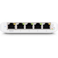White Ubiquiti UniFi USW Flex Mini network switch with five Ethernet ports and LED indicators.